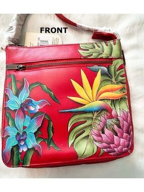 SHOULDER BAG, ANUSCHKA LEATHER, RED WITH MULTICOLOUR FLORAL HANDPAINTED ONE-OF-A